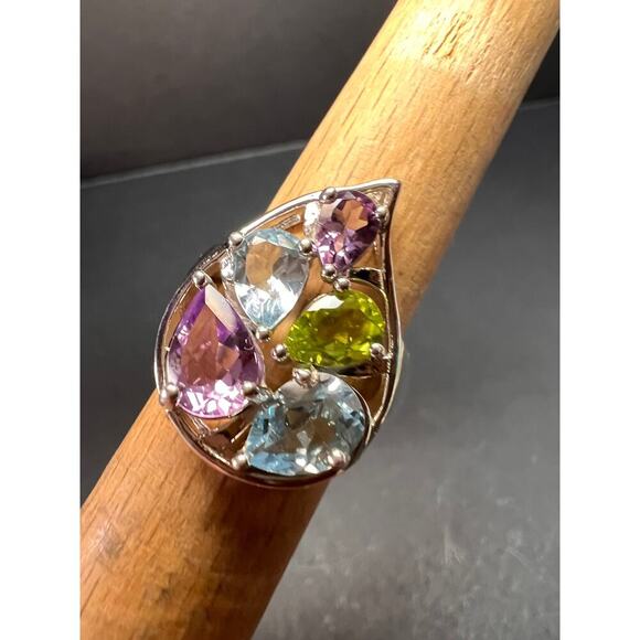 Vintage multi gemstone sterling silver cluster ring size 7 - Picture 5 of 16